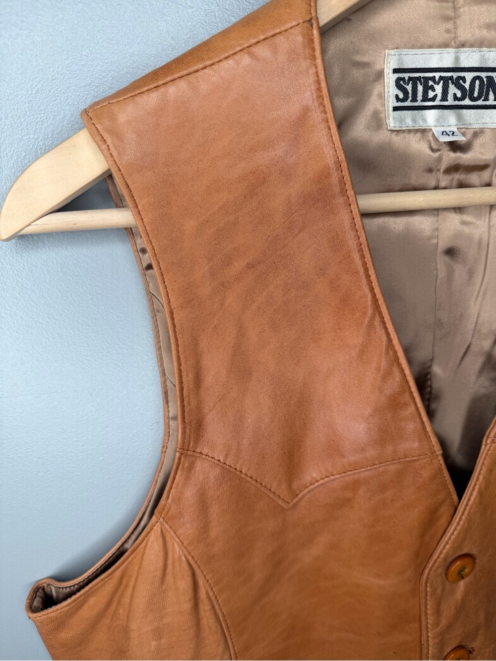 STETSON Vintage 80s Cognac Leather Western Vest - Picture 7 of 14